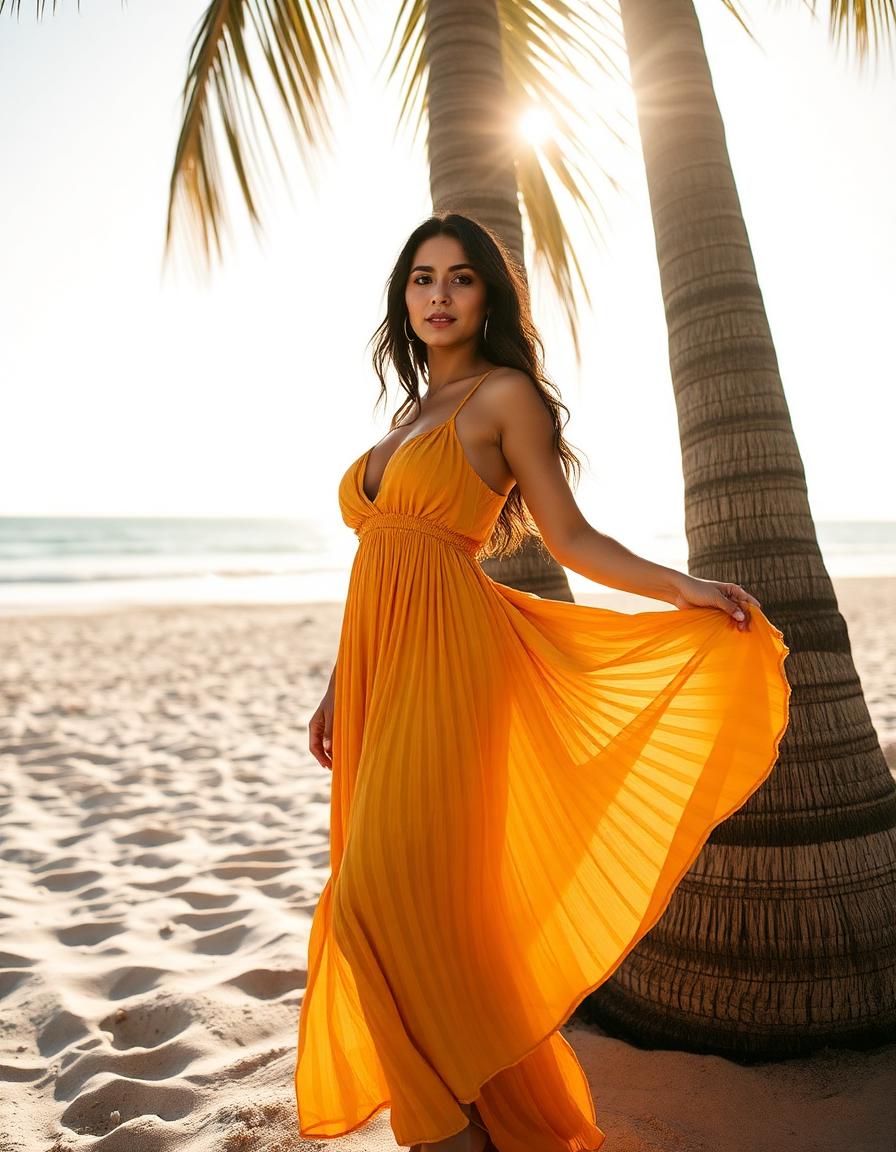 Valeria in a golden beach dress by a palm tree